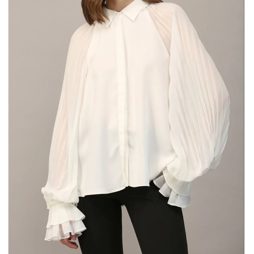 Fate White Blouse with Flowing Pleated Sleeves - L